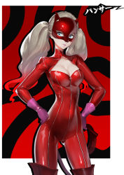 Rule 34 | 1girl, absurdres, blue eyes, bodysuit, boots, breasts, cleavage, cleavage cutout, closed mouth, clothing cutout, collarbone, cowboy shot, duan henglong, fox mask, gloves, gradient hair, hands on own hips, highres, latex, latex gloves, latex suit, long hair, looking at viewer, mask, medium breasts, multicolored hair, persona, persona 5, pink gloves, red bodysuit, red footwear, red hair, shiny clothes, silver hair, skin tight, smile, solo, standing, takamaki anne, thigh boots, thighhighs, twintails, very long hair, white background