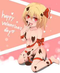 Rule 34 | 1girl, barefoot, blonde hair, blush, breasts, chocolate, convenient censoring, hair ribbon, highres, ichinen konto, long hair, naked chocolate, navel, nude, open mouth, red eyes, ribbon, rumia, short hair, small breasts, smile, solo, touhou, valentine