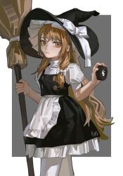 Rule 34 | 1girl, apron, artist name, black dress, black hat, blonde hair, border, bow, broom, closed mouth, cowboy shot, dress, from side, frown, grey background, hands up, hat, hat bow, highres, holding, holding broom, kirisame marisa, kofi-mo, long hair, looking at viewer, looking to the side, outside border, pantyhose, puffy short sleeves, puffy sleeves, shirt, short dress, short sleeves, signature, solo, touhou, very long hair, waist apron, white apron, white border, white bow, white pantyhose, white shirt, witch hat, yellow eyes