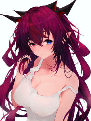Rule 34 | 1girl, absurdres, alternate costume, blue eyes, blush, breasts, casual, cleavage, closed mouth, commentary, covered erect nipples, demon horns, getto, hair between eyes, hand in own hair, heterochromia, highres, holding, holding own hair, hololive, hololive english, horns, irys (hololive), large breasts, long hair, looking at viewer, multicolored hair, pointy ears, purple eyes, purple hair, red hair, simple background, sleeveless, solo, strap slip, sweat, symbol-only commentary, tank top, two-tone hair, upper body, virtual youtuber, white background, white tank top