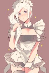Rule 34 | 1girl, alternate costume, apron, between legs, black thighhighs, blush, breasts, center opening, cleavage, cowboy shot, dress, earrings, edelgard von hresvelg, embarrassed, enmaided, fire emblem, fire emblem: three houses, hand between legs, highres, jewelry, long hair, looking at viewer, maid, maid apron, maid headdress, medium breasts, nintendo, parted bangs, purple background, purple eyes, short dress, short sleeves, side ponytail, silver hair, simple background, solo, sou mei, sweatdrop, thighhighs, thighs, wrist cuffs, zettai ryouiki