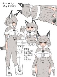 Rule 34 | 2girls, :&lt;, animal ears, bokoboko (pandagapanda1), breasts, capelet, captain (kemono friends), cat ears, cat tail, character sheet, closed mouth, commentary, eurasian lynx (kemono friends), extra ears, fur-trimmed capelet, fur-trimmed gloves, fur collar, fur trim, gloves, grey hair, highres, hood, hoodie, kemono friends, kemono friends 3, large breasts, looking at viewer, multiple girls, pelvic curtain, short hair, side slit, tail, translated