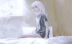 Rule 34 | 1girl, bed, day, grey eyes, indoors, looking at viewer, on bed, original, pajamas, pillow, shirone (coxo ii), short sleeves, sitting, solo, white hair, window