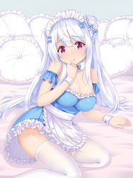 Rule 34 | 1girl, apron, azur lane, bed sheet, blue bow, blue bowtie, blue dress, blush, bow, bowtie, braid, breasts, cleavage, collar, commentary request, cygnet (an offer to be maid) (azur lane), cygnet (azur lane), detached collar, dress, frilled apron, frilled dress, frilled pillow, frills, hair between eyes, hair bow, hair bun, hand up, head tilt, heart, heart-shaped pillow, highres, large breasts, long hair, looking at viewer, maid, maid headdress, nose blush, parted lips, pillow, red eyes, side bun, silver hair, single hair bun, single side bun, solo, strapless, strapless dress, tears, thighhighs, u2 (5798239), very long hair, waist apron, white apron, white collar, white thighhighs, wrist cuffs