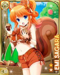 Rule 34 | 1girl, :o, acorn, animal ears, blue eyes, bow, breasts, brown bow, card (medium), character name, crate, day, fake animal ears, fake tail, furred cuffs, furry vest, girlfriend (kari), hair ornament, indoors, large breasts, navel, official art, open mouth, orange hair, qp:flapper, sagara emi, school, school play, shorts, squirrel ears, squirrel tail, surprised, tagme, tail, tree, twintails, wrist cuffs