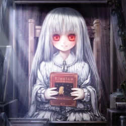 Rule 34 | 1girl, albino, blush, book, chair, el (sound horizon), elysion, frills, holding, holding book, indoors, light particles, light rays, long hair, long sleeves, looking at viewer, misaki (kyal 001), pale skin, red eyes, sitting, smile, solo, sound horizon, victorian, white hair
