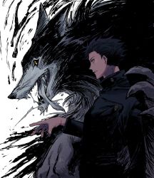 Rule 34 | 1boy, bad id, bad twitter id, black hair, black jacket, buttons, claws, collared shirt, from side, fur, fushiguro megumi, gojo lover, hair slicked back, highres, jacket, jujutsu kaisen, long tongue, male focus, monster, open mouth, outstretched hand, sharp teeth, shirt, simple background, teeth, tongue, tongue out, uniform, upper body, white background, wolf, yellow eyes