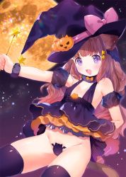 Rule 34 | 1girl, animal ears, bare shoulders, bat wings, black dress, black thighhighs, blush, bow, breasts, brown hair, covered erect nipples, cowboy shot, detached sleeves, dress, fang, full moon, fur collar, hair ornament, halloween, hat, hat bow, head wings, highres, long hair, maebari, moon, mutou mato, night, open mouth, original, puffy short sleeves, puffy sleeves, pumpkin, purple eyes, revealing clothes, short dress, short sleeves, sky, small breasts, solo, star (sky), star (symbol), star hair ornament, starry sky, tail, thighhighs, two-tone dress, wand, wavy hair, wings, witch hat, wrist cuffs
