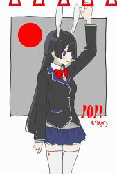 Rule 34 | 1girl, animal ears, arm up, black hair, blazer, blue eyes, blue skirt, blunt bangs, blush stickers, border, bow, bowtie, braid, brown cardigan, cardigan, chromatic aberration, closed mouth, collared shirt, french braid, grey background, hair ornament, hairclip, hand grip, highres, hime cut, jacket, long hair, m r tq, new year, nijisanji, outside border, pleated skirt, rabbit ears, red bow, red bowtie, red circle, shirt, skirt, smile, solo, thighhighs, train interior, tsukino mito, tsukino mito (1st costume), virtual youtuber, white border, white shirt, white thighhighs, zettai ryouiki