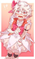 Rule 34 | 1girl, blush, bow, cosplay, dress, eye mask, gloves, gradient background, highres, jiguang haibao, looking at viewer, magical girl, momijiyama teru, pink bow, short hair, shy (character), shy (series), solo, standing, tears, white dress