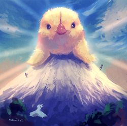 Rule 34 | animal focus, artist name, bird, commentary request, day, looking at viewer, manino (mofuritaionaka), mount fuji, no humans, one-hour drawing challenge, original, outdoors, signature