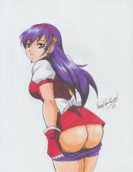 Rule 34 | 1girl, absurdres, artist name, asamiya athena, ass, bike shorts, bike shorts pull, bow, breasts, chinese clothes, come hither, fingerless gloves, gloves, hair bow, highres, large breasts, legs, long hair, looking at viewer, looking back, parted lips, purple eyes, purple hair, ravernclouk design, sideboob, the king of fighters, thighs, traditional media, undressing
