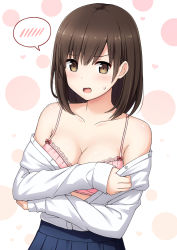 Rule 34 | 1girl, bare shoulders, blue skirt, blush, bow, bow bra, bra, breasts, brown eyes, brown hair, cleavage, collarbone, commentary request, dress shirt, hair between eyes, heart, long hair, long sleeves, looking at viewer, medium breasts, nakamura sumikage, off shoulder, open clothes, open mouth, open shirt, original, pink bra, pleated skirt, shirt, skirt, sleeves past wrists, solo, spoken blush, sweat, underwear, undressing, upper body, white background, white shirt