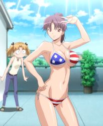 Rule 34 | 2girls, absurdres, american flag bikini, american flag print, arm up, armpit peek, bikini, blonde hair, blush, breasts, cleavage, denim, flag print, furuhashi chinatsu, hand on own hip, highres, jeans, large breasts, legs, looking at viewer, multiple girls, navel, pants, ponytail, print bikini, purple hair, smile, stitched, surprised, sweet home, swimsuit, thighs, third-party edit, tomosato risa, twintails, v