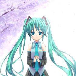Rule 34 | 1girl, aqua eyes, aqua hair, bare shoulders, cherry blossoms, detached sleeves, female focus, gradient background, hatsune miku, imo (ryokyou), long hair, looking at viewer, necktie, own hands clasped, own hands together, plant, solo, twintails, very long hair, vocaloid, white background