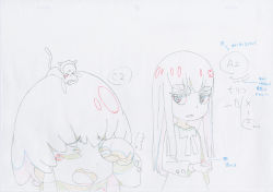 Rule 34 | 10s, 2girls, aged down, buttons, color trace, commentary, dress, highres, jakuzure nonon, key frame, kill la kill, kiryuuin satsuki, monkey, multiple girls, official art, partially colored, production art, production note, promotional art, ribbon, rubbing eyes, sand, simple background, sketch, trigger (company), white background
