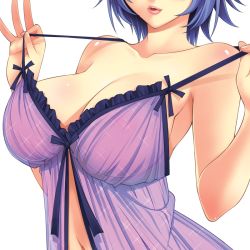 Rule 34 | 1girl, asakura sakura, babydoll, bare arms, bare shoulders, blue hair, body blush, breasts, cleavage, collarbone, frilled babydoll, frills, head out of frame, large breasts, lips, navel, nipples, original, parted lips, pink lips, pulling own clothes, see-through, shiny skin, short hair, simple background, solo, stomach, strap pull, teasing, underwear, underwear only, upper body, white background