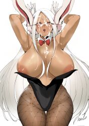Rule 34 | 1girl, absurdres, animal ears, armpits, bare shoulders, black leotard, blush, boku no hero academia, bow, bowtie, breasts, breasts apart, bunny day, cum, cum on body, cum on breasts, cum on upper body, dark-skinned female, dark skin, detached collar, facial, fishnet pantyhose, fishnets, gloves, hair between breasts, highleg, highleg leotard, highres, huge breasts, large areolae, leotard, long eyelashes, long hair, looking up, mirko, nipples, pantyhose, parted bangs, playboy bunny, puzenketsu, rabbit ears, rabbit girl, rabbit pose, red bow, red bowtie, red eyes, signature, solo, strapless, strapless leotard, thick thighs, thigh gap, thighs, toned, torogao, traditional bowtie, very long hair, white background, white gloves, white hair