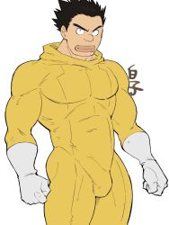 Rule 34 | 1boy, bara, bodysuit, boku no hero academia, bulge, erection, erection under clothes, feet out of frame, gloves, highres, hood, hood down, hooded bodysuit, large pectorals, lips, looking at viewer, male focus, mask, unworn mask, muscular, muscular male, pectorals, satou rikidou, shirako (kirupi), short hair, solo, spiked hair, thick thighs, thighs, white gloves, yellow bodysuit, zentai