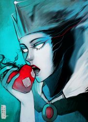 Rule 34 | 1girl, apple, bright pupils, crossover, crown, dark-tarou, eyelashes, eyeliner, food, fruit, half-closed eyes, highres, ico, makeup, parody, snow white and the seven dwarfs, solo, the queen, the queen (ico), white pupils