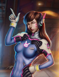 Rule 34 | 1girl, absurdres, animal print, backlighting, bodysuit, bracer, breasts, brown eyes, brown hair, clenched hand, d.va (overwatch), dust, facepaint, facial mark, finger gun, gloves, hand on own hip, headphones, high collar, highres, indoors, light rays, long hair, matching hair/eyes, medium breasts, one eye closed, overwatch, overwatch 1, pilot suit, pink lips, rabbit print, ribbed bodysuit, shoulder pads, skin tight, solo, swept bangs, tingzuo liu, upper body, whisker markings, white gloves