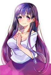 Rule 34 | 1girl, blush, breasts, cleavage, collarbone, fate (series), hair ribbon, large breasts, long hair, looking at viewer, matou sakura, official alternate costume, purple eyes, purple hair, ribbon, shirt, simple background, skirt, smile, solo, sunameri oishii, upper body, very long hair, white background