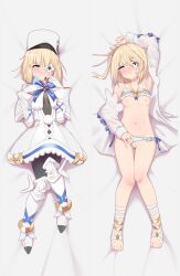 Rule 34 | 1girl, anklet, armored boots, armored gloves, azur lane, black bodysuit, black pantyhose, blonde hair, blue panties, blush, bob cut, bodysuit, bodysuit under clothes, boots, bra, breasts, censored, closed mouth, clothing aside, crown, dakimakura (medium), dress, eyepatch, feet, frilled bra, frills, full body, grey eyes, hat, highres, jewelry, knees together feet apart, le terrible (azur lane), le terrible (silence slumber and solace) (azur lane), looking at viewer, lying, maidforge, mini crown, mosaic censoring, multiple views, nipples, official alternate costume, on back, panties, panties aside, pantyhose, pussy, ring, shako cap, short hair, small breasts, smile, thigh gap, toes, underwear, wedding ring, white dress, white footwear