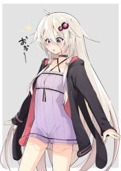 Rule 34 | ahoge, black choker, blush, border, choker, collarbone, commentary, cosplay, costume switch, dress, grey background, hair ornament, highres, ia (vocaloid), jacket, long hair, looking down, open clothes, open jacket, outstretched arms, purple dress, sparkle, vocaloid, white border, zooanime