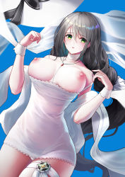 Rule 34 | absurdres, aquila (azur lane), azur lane, blue background, breasts, breasts out, choker, commentary request, dress, green eyes, grey hair, hair between eyes, hat, hat ribbon, highres, jewelry, kading boluo, lace trim, long hair, looking at viewer, medium breasts, necklace, nipples, panties, parted lips, ribbon, simple background, solo, sun hat, thigh strap, underwear, veil, very long hair, white dress, white hat, white panties