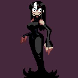 Rule 34 | 1girl, animated, animated gif, black dress, black hair, bouncing breasts, breasts, closed mouth, commentary, dress, english commentary, fingerless gloves, gloves, long dress, looking at viewer, looping animation, multicolored hair, no nose, noss (rariatto), original, pixel art, rariatto (ganguri), red background, sanpaku, simple background, smile, solo, standing, streaked hair, two-tone hair, white hair