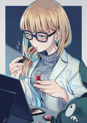 Rule 34 | 1girl, aged down, applying makeup, black-framed eyewear, blonde hair, blush, commentary request, cosmetics, creatures (company), fingernails, game freak, gen 5 pokemon, glasses, green eyes, grey sweater, hands up, holding, janis (hainegom), lab coat, lipstick tube, long hair, long sleeves, makeup, nintendo, oleana (pokemon), pokemon, pokemon: twilight wings, pokemon (creature), pokemon swsh, sweat, sweater, translation request, trubbish