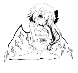 Rule 34 | 1girl, bare legs, bare shoulders, barefoot, blush, camisole, embodiment of scarlet devil, female focus, finger to mouth, flandre scarlet, foreshortening, full body, greyscale, groin, hat, honey, jar, long hair, monochrome, navel, panties, saeki touma, side-tie panties, side ponytail, simple background, sitting, solo, touhou, underwear, wariza, white background, wings