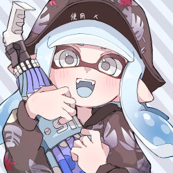Rule 34 | 1girl, :d, absurdres, black hat, black hoodie, blue hair, blue tongue, bucket hat, closed umbrella, colored tongue, commentary, fangs, grey eyes, hat, highres, holding, holding weapon, hood, hood down, hoodie, inkling, inkling girl, inkling player character, leaf print, long hair, looking at viewer, nintendo, open mouth, pointy ears, print hoodie, sif ly, smile, solo, splat brella (splatoon), splatoon (series), straight-on, striped background, symbol-only commentary, tentacle hair, umbrella, upper body, weapon