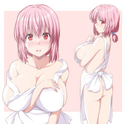Rule 34 | 1girl, apron, ass, blush, breasts, cleavage, collarbone, commentary, embarrassed, hair between eyes, highres, large breasts, looking at viewer, low ponytail, medium hair, multiple views, naked apron, nori tamago, open mouth, pink background, pink hair, red eyes, saigyouji yuyuko, short ponytail, sideboob, simple background, touhou, white apron