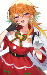 Rule 34 | 1girl, :d, absurdres, aotake iro, bag, bell, belt, black belt, black gloves, bow, breasts, christmas, cleavage, commentary, cowboy shot, dress, earrings, gloves, gradient hair, green hair, hair between eyes, highres, holding, holding bag, hololive, hololive english, jewelry, large breasts, long hair, multicolored hair, open mouth, orange hair, purple eyes, santa dress, simple background, smile, snowflake earrings, solo, takanashi kiara, teeth, tree, upper teeth only, virtual youtuber, white background