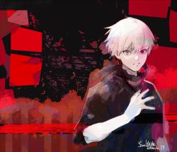 Rule 34 | 1boy, 2016, dated, grey eyes, hand on own chest, heterochromia, ishida sui, kaneki ken, limited palette, looking at viewer, male focus, red eyes, red theme, short sleeves, signature, solo, tokyo ghoul, white hair