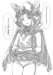 Rule 34 | 1girl, animal ears, backless outfit, bad id, bad twitter id, clothes lift, erune, granblue fantasy, greyscale, highres, hood, monochrome, no nose, open mouth, panties, scathacha (granblue fantasy), simple background, skirt, skirt lift, smile, solo, tori udon, translation request, underwear
