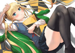 Rule 34 | 1girl, black ribbon, black skirt, black thighhighs, blonde hair, blue eyes, blue sweater vest, breasts, closed mouth, collarbone, commentary request, green jacket, hair ribbon, highres, holding, holding sketchbook, jacket, knees up, light blush, long hair, long sleeves, looking at viewer, lying, moronblanc, on back, partial commentary, pleated skirt, ribbon, saenai heroine no sodatekata, sawamura spencer eriri, school uniform, shirt, signature, sketchbook, skirt, small breasts, smile, solo, sweater vest, thighhighs, track jacket, twintails, unworn jacket, white shirt