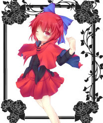 Rule 34 | 1girl, bad id, bad pixiv id, blush, bow, cape, floral background, hair bow, highres, long sleeves, mo-a-i, red eyes, red hair, sekibanki, short hair, skirt, snapping fingers, solo, touhou, wink