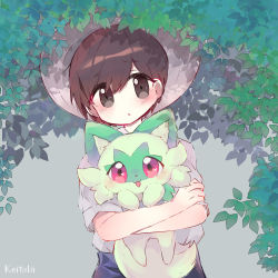 Rule 34 | 1boy, absurdres, artist name, blush, brown hair, collared shirt, creatures (company), florian (pokemon), game freak, grey eyes, hat, highres, holding, holding pokemon, koitshi, leaf, looking to the side, nintendo, parted lips, pokemon, pokemon (creature), pokemon sv, shirt, short hair, short sleeves, sprigatito, sun hat, tree, under tree