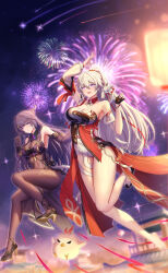 2girls absurdres aerial_fireworks bare_legs black_gloves black_pantyhose black_shoes blue_eyes breasts chinese_clothes chinese_commentary commentary_request dress fingerless_gloves fireworks gloves high_heels highres honkai_(series) honkai_impact_3rd jingwei_(bird) kiana_kaslana kiana_kaslana_(ba-dum!_fiery_wishing_star) large_breasts long_hair multiple_girls night night_sky official_alternate_costume outdoors pantyhose ponytail purple_dress purple_eyes purple_hair raiden_mei raiden_mei_(herrscher_of_thunder) raiden_mei_(rainy_springtide) see-through_clothes see-through_shirt shirt shoes single_bare_foot single_glove sky smile snake star-shaped_pupils star_(symbol) symbol-shaped_pupils toes white_dress white_hair ying_ling