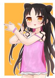 Rule 34 | 1girl, \n/, bare arms, bare shoulders, black hair, blush, brown eyes, camisole, casual one-piece swimsuit, cowboy shot, double bun, facial mark, fate/grand order, fate (series), forehead mark, hair bun, highres, i.u.y, long hair, looking at viewer, multicolored hair, one-piece swimsuit, orange background, outline, parted bangs, parted lips, pink camisole, pink hair, see-through, sessyoin kiara, sessyoin kiara (lily), sessyoin kiara (swimsuit mooncancer), sidelocks, smile, solo, standing, strap slip, swimsuit, two-tone background, two-tone hair, two side up, very long hair, white background, white one-piece swimsuit, white outline