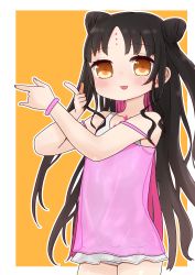 1girl \n/ bare_arms bare_shoulders black_hair blush brown_eyes camisole casual_one-piece_swimsuit cowboy_shot double_bun facial_mark fate/grand_order fate_(series) forehead_mark hair_bun highres i.u.y long_hair looking_at_viewer multicolored_hair one-piece_swimsuit orange_background outline parted_bangs parted_lips pink_camisole pink_hair see-through_clothes sessyoin_kiara sessyoin_kiara_(lily) sessyoin_kiara_(swimsuit_mooncancer) sidelocks smile solo standing strap_slip swimsuit two-tone_background two-tone_hair two_side_up very_long_hair white_background white_one-piece_swimsuit white_outline