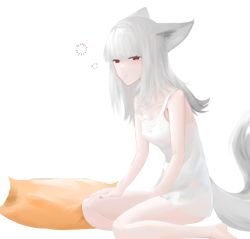 Rule 34 | 1girl, alternate costume, animal ears, arknights, breasts, cuo cuo yu lian, fox ears, fox girl, fox tail, frostleaf (arknights), grey hair, long hair, looking at viewer, pillow, red eyes, simple background, sitting, squeans, small breasts, solo, strap slip, tail, tank top, white background, white tank top