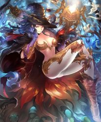 Rule 34 | 10s, 1girl, artist request, blue hair, breasts, cape, cygames, distaster witch, gloves, hand on own face, hat, long hair, midriff, official art, red eyes, revealing clothes, shadowverse, shingeki no bahamut, staff, witch, witch hat
