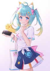 Rule 34 | 1girl, ahoge, animal ear fluff, animal ears, aqua hair, bag, bangle, blue eyes, blue skirt, bow, bracelet, breasts, cat ears, cellphone, cowboy shot, gradient hair, hair bow, hair ornament, hairclip, highres, jewelry, lanmewko, long hair, looking at viewer, multicolored hair, original, phone, pink bow, prehensile hair, shirt, short sleeves, shoulder bag, skirt, small breasts, smartphone, smile, solo, twintails, virtual youtuber, white background, white shirt, yue zi