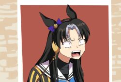 Rule 34 | 1girl, angry, animal ears, black hair, bow, brick wall, commentary, constricted pupils, ear bow, fukuro (maruaru00), furrowed brow, genderswap, genderswap (mtf), grey hair, hair intakes, headgear, highres, horse ears, horse girl, multicolored hair, open mouth, original, personification, photo-referenced, purple bow, real life, reins, sailor collar, sanpaku, sidelocks, solo, stay gold (racehorse), teeth, two-tone hair, umamusume, upper body, upper teeth only, white sailor collar