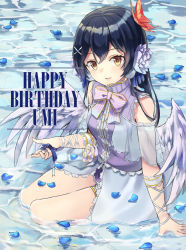 Rule 34 | 1girl, arm support, bad id, bad pixiv id, bare legs, bare shoulders, birthday, blue hair, blush, butterfly hair ornament, character name, chinese commentary, commentary request, english text, flower, full body, hair between eyes, hair flower, hair ornament, hairclip, happy birthday, highres, long hair, looking at viewer, love live!, love live! school idol festival, love live! school idol project, microphone, otonokizaka school uniform, parted lips, partially submerged, petals, school uniform, sitting, smile, solo, sonoda umi, touri tarou (misconception), water, x hair ornament, yellow eyes, yokozuwari