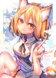 Rule 34 | 1girl, :3, animal ears, border, brown eyes, brown hair, closed mouth, finger touching, fox ears, fox shadow puppet, fox tail, highres, itsumizu, jumpsuit, kudamaki tsukasa, light particles, looking at viewer, onesie, short hair, short sleeves, simple background, smile, solo, tail, touhou, white border, white jumpsuit