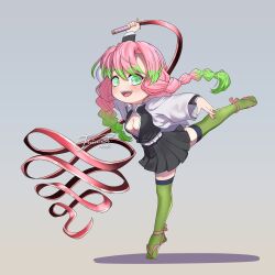 Rule 34 | 1girl, :d, absurdres, artist name, belt, braid, breasts, cleavage, demon slayer uniform, gradient hair, green eyes, green hair, green thighhighs, haori, highres, holding, holding sword, holding weapon, j humbo, japanese clothes, kanroji mitsuri, kimetsu no yaiba, leg up, long hair, looking at viewer, medium breasts, mole, mole under each eye, mole under eye, multicolored hair, multiple braids, multiple moles, open mouth, partially unbuttoned, pink hair, signature, smile, solo, standing, standing on one leg, sword, thighhighs, tiptoes, tri braids, weapon, whip sword, white belt